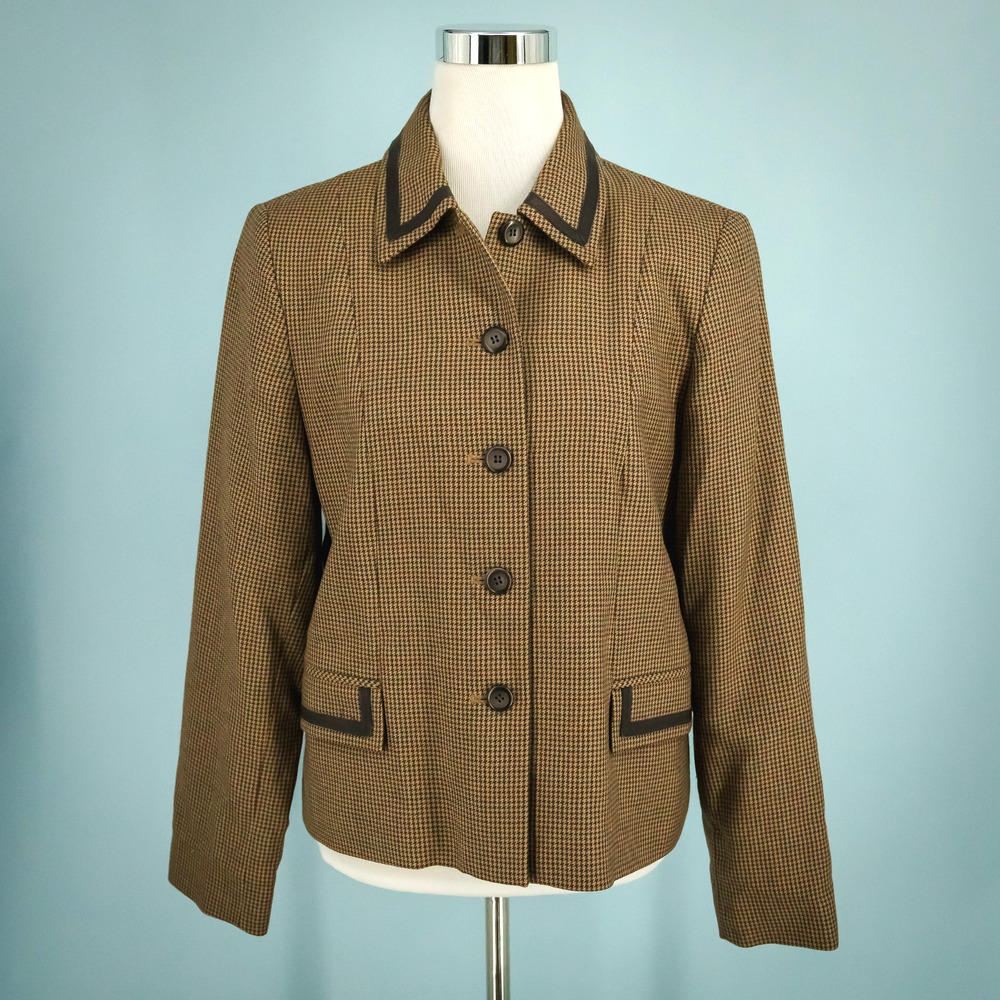 Pendleton Size 10 Tan Brown Plaid Leather Trim Button Virgin Wool Blazer Jacket